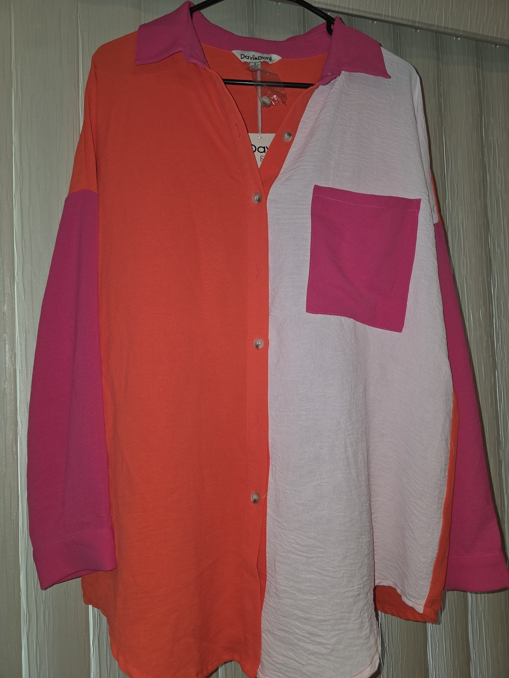 Davi & Dani Colorblock Button-Up Shirt - Pink & Orange.
